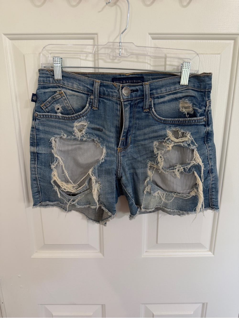 Rock & Republic Size 6 Distressed Denim Shorts Striped Patch Cutoff Y2K